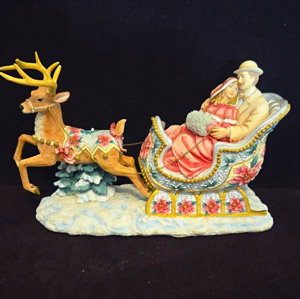 Vintage San Francisco Music Box Co Sleigh Ride Victorian Couple Reindeer Resin